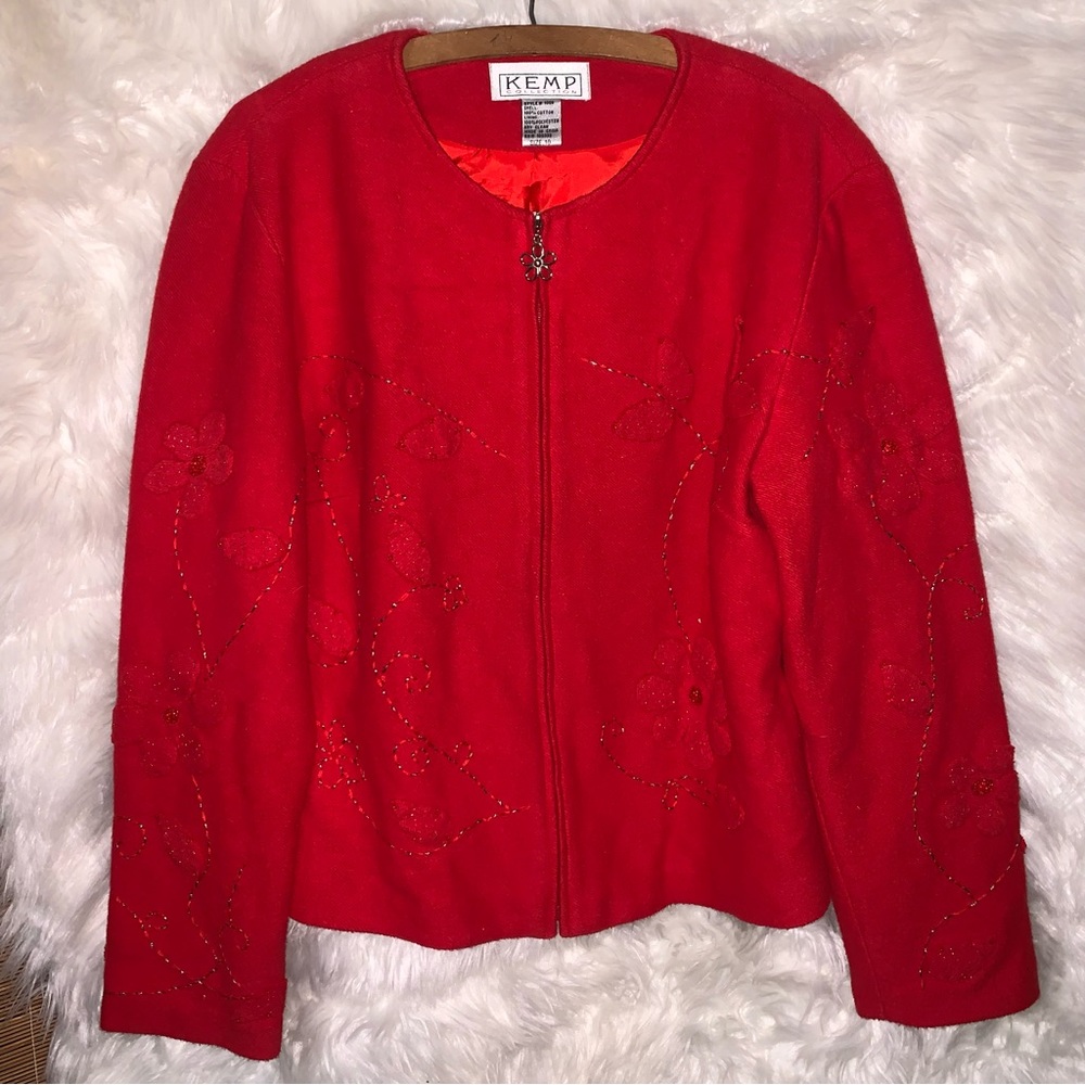 Kemp Vintage Jacket Red Cotton Felt Applique Flowers Sz 10